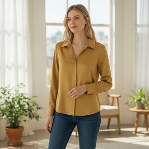 SLB Womens Mustard Gold 100% Silk Button Up Blouse Tailored Top L /#26869